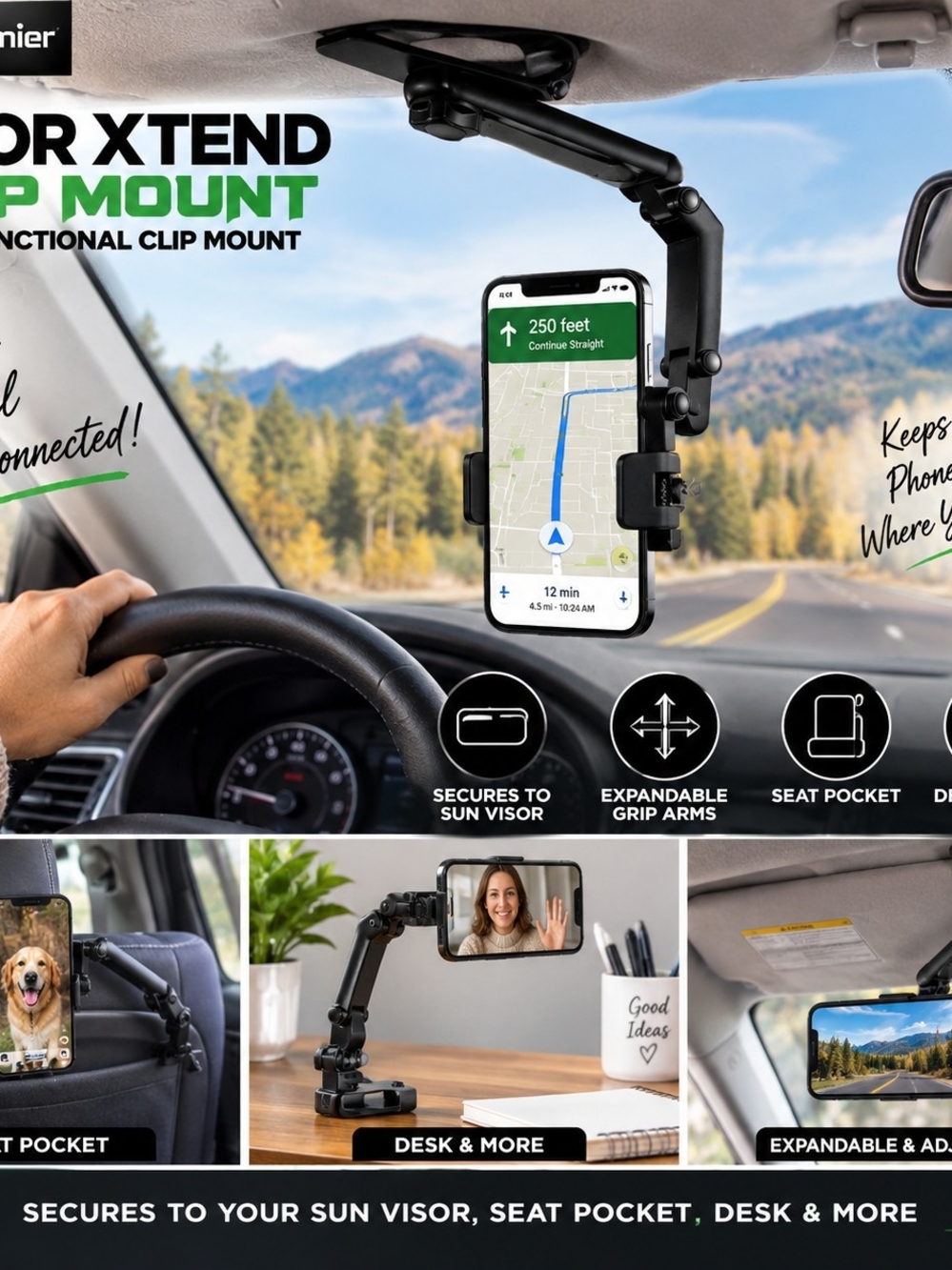 Premier Visor Xtend Grip Mount multi-functional phone holder